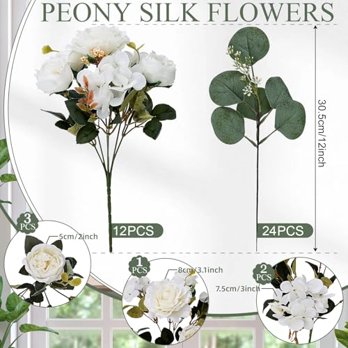 Peony Artificial Flowers, Faux Peonies Hydrangea Eucalyptus Bouquet 12 Packs Silk Vintage Realistic Peony Floral Arrangement for Wedding Centerpiece Table Vase Home Party Decor-Ivory White - color: Ivory White
