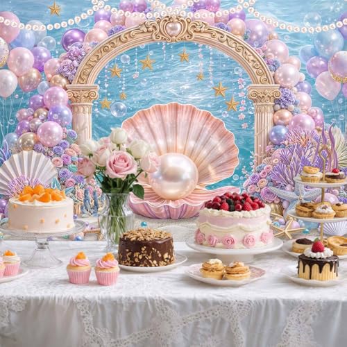 6X4ft Under The Sea Backdrop Starfish Coral Pearl Shells Ocean Princess Party Photography Background Baby Shower Wedding Birthday Party Cake Table Decor Photo Booth Studio Wall Decor Banner - color: Multi10, size: 6X4FT