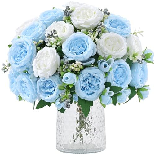 MARTINE MALL 2 Packs Peonies Artificial Flowers, Mixed White Blue Artificial Peonies, Silk Peonies Flowers Fake Peonies Artificial Peony Flowers for Centerpiece Table Wedding Party Home Decor - color: Mixed White Blue, size: 2PCS