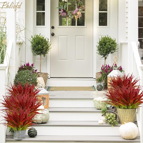6Pcs Artificial Grass Fake Plants 17.3in Outdoor Plants UV Resistant Greenery Stems Fake Grass for Home Window Garden Office Patio Pathway Front Porch Christmas Décor Light Green & Red - color: Light Red &Green, size: 6 Pcs