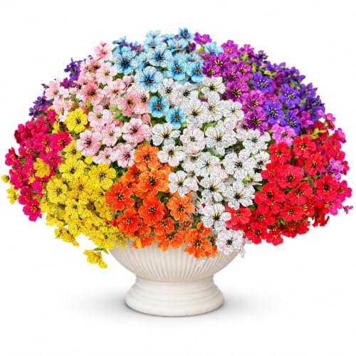 Artificial Flowers for Outdoors UV Resistant, 12 Bundles Realistic Faux Daisy with Eucalyptus Leaves Fake Plants for Porch Patio Planter Garden Decoration (9-Color Mix) - color: 9 Color