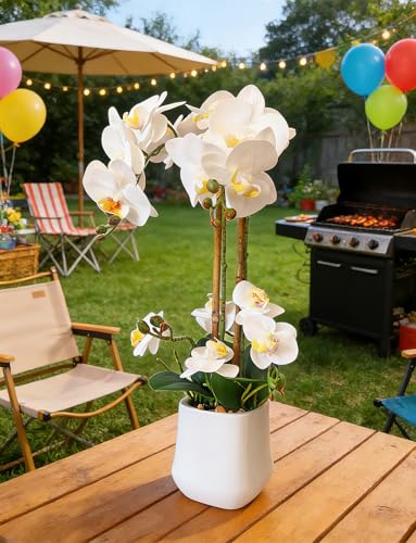 Fake Orchid Faux Flowers 18.9In Tall White Orchid Artificial Flowers Plants Home Office Decor 17 Heads Realistic Potted Orchids Faux Flowers in Ceramic Pot for Table Centerpieces Arrangements - color: White