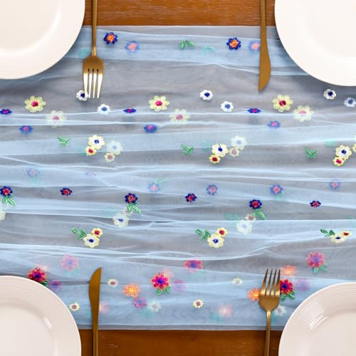 Socomi Flower Table Runner Summer Daisy Floral Tulle Gauze Cheesecloth Embroidery Table Runners for Tea Party Garden Wedding Bridal Baby Shower Birthday Picnic Decor Blue 1pc - color: Daisy Blue, size: 10ft X 1pc