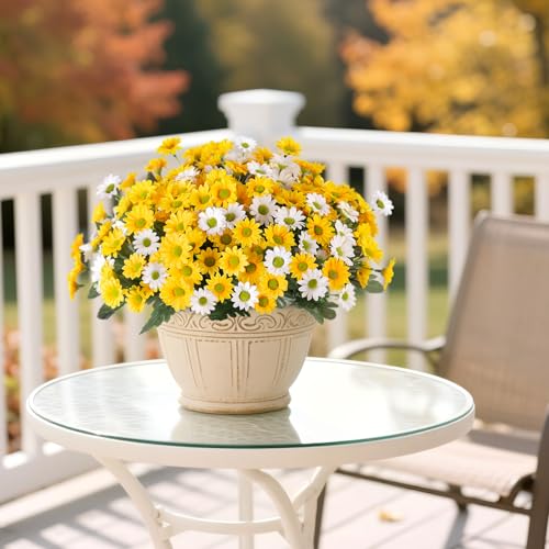 Ammyoo Fake Mums Artificial Flowers for Outdoor Decoration, 6 Bundles Faux Silk Daisy Flowers Realistic UV Resistant No Fade Fake Plants for Home Patio Porch Garden Window Box Decor(Yellow White) - color: Yellow White