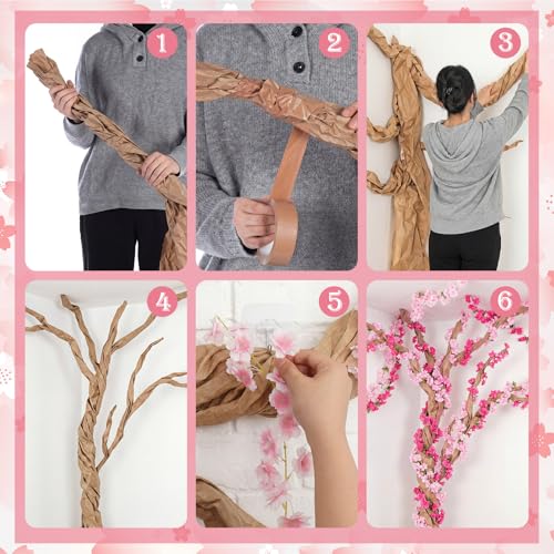Yinder 35 Pcs 3D Wisteria Tree for Classroom Room Include Artificial Cherry Blossom Vines with Kraft Paper Tape for Classroom Home Room Wedding Summer Party Decor - color: Pink, style: Cherry Blossom