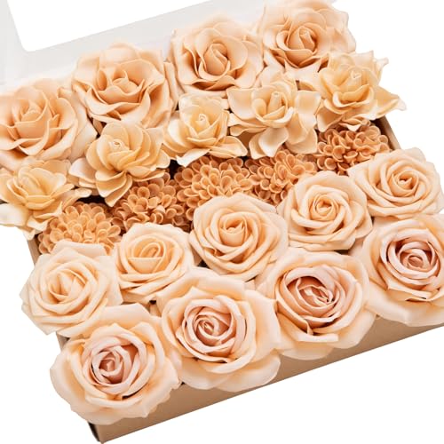 Ling's moment Artificial Flowers Fake Silk Roses Faux Dahlia Foam Gardenia Combo for DIY Wedding Bouquets Centerpieces Arrangements Bridal Shower Party Home Decorations, Apricot & Peach, 24pcs - color: Or-apricot