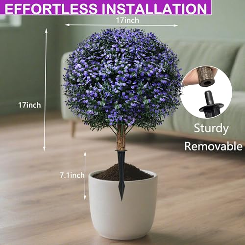 THKFUL Artificial Boxwood Topiary Ball Tree Outdoor Set of 2,Faux Bushes Plants with Spike,Artificial Boxwood Ball Fake Shrubs with Stake UV Resistant for 4th of July Outdoor Planter Garden D17 - style: Purple Boxwood