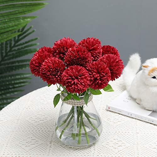 Floweroyal 12pcs Artificial Chrysanthemum Ball Flowers Silk Hydrangea Bridal Wedding Bouquet for Home Garden Party Office Coffee House Decoration - color: Red-12pcs-new