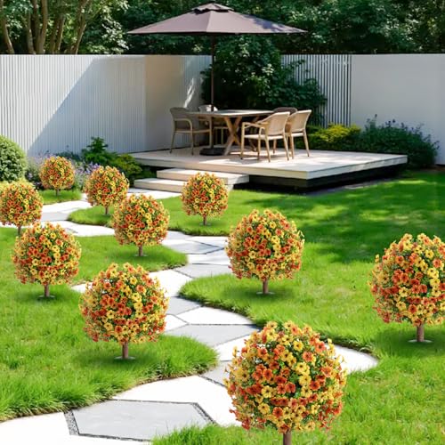 momoplant Artificial Boxwood Topiary Ball Tree with Mum Flowers 24” Tall Faux Plant with Ground Spikes Set of 2 Fake Flower Bushs for Farmhouse Porch Home Garden Decor - size: 2Pcs with Spike（Yellow&Orange）