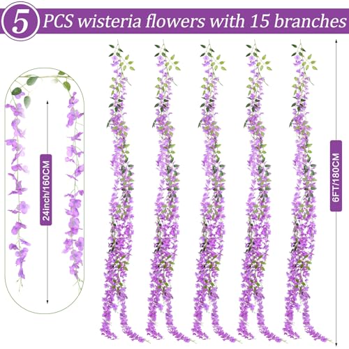 75 Branches Wisteria Hanging Flowers,5Pcs Total 30ft Purple Wisteria Artificial Flowers Garland Vine Silk Hanging Flowers for Wedding Party Arch Ceremony Garden Home Backdrop Decor - color: Purple, size: 5