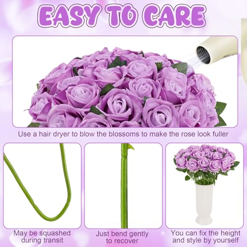 36 Pcs Light Purple Velvet Silk Rose Bouquet Bridal Artificial Flowers, Lavender Fake Rose Long Stem Realistic Flowers Bulk for DIY Wedding Ball Arrangement Centerpiece Home Party Decor - color: Light Purple