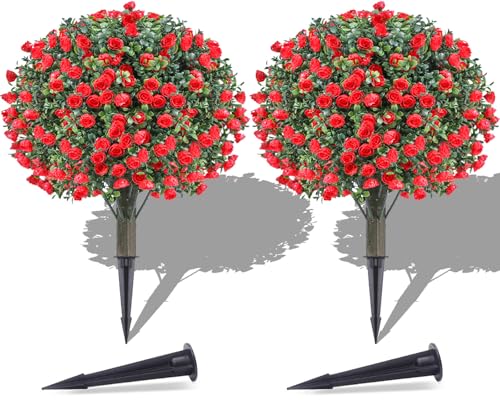 PATIO CHOICE Topiary Trees Artificial Outdoor Boxwood Ball Trees with Rose Set of 2 22" Fake Outdoor Plants Faux Bushes and Shrubs Decorations for Outdoor Indoor Front Porch Garden - color: Rose, size: 22in