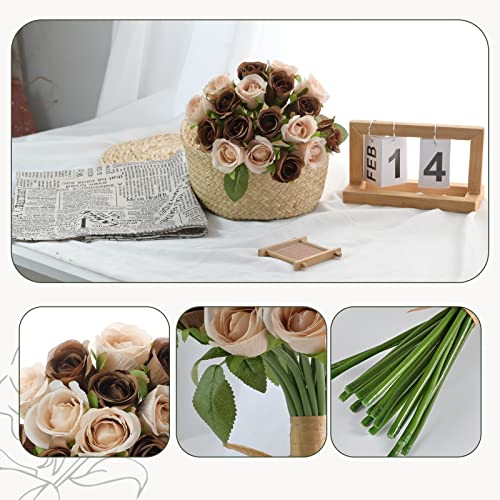 ZMZQ&flw 36PCS Roses Artificial Flowers with Stems Brown Bouquet Cream Beige Silk Fake Flora Home Decoration Bridal Wedding - color: Brown and Beige