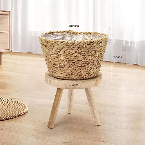 Athaliah Woven Plant Basket Set of 3 with Plastic Liner, Indoor Planter Baskets for Floor Plants, Water Hyacinth & Corn Husk Basket Planters, Decorative Rustic Boho Home Decor