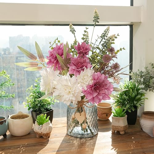 LUEUR Artificial Dahlia Flowers with Vase – Rose Red Faux Flower Arrangement, Romantic Floral Centerpiece Table Decorations for Coffee Table, Dining Room, Living Room & Farmhouse Spring & Summer Decor - color: Rose Red