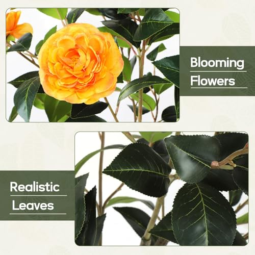 4FT Artificial Camellia Tree with Blooming Orange Flowers, Free Maintencace 4 FT Fake Tree, Faux Plants with Blooming Flowers, for Indoor Outdoor Home Office Front Door Decor