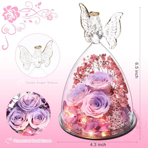 Mothers Day Mom Gifts for Women Preserved Flowers in Glass Angel Forever Flowers Gifts Eternal Roses Gifts for Grandma, PinkpurplePink - color: Pinkpurplepink