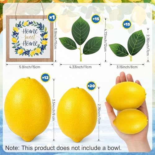 Norme 63 Pcs Artificial Lemon Decoration for Home Centerpiece, Faux Yellow Lemons, Artificial Fake Lemon Leaves and Wooden Desktop Sign Decor for Home, Kitchen, Party Decor, Photography Props - style: Lemon Style 2