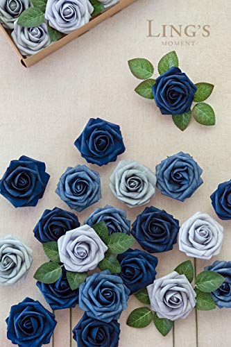 Ling's Moment Artificial Flowers, 25Pcs 3" Roses in Dusty Blue Shades, Realistic DIY Foam Floral Decor for Wedding Bouquets/Centerpieces, Outdoor Party Backdrops, Room/Table, and Garden/Pot Decoration - color: Shades of Navy Blue, size: 25Pcs