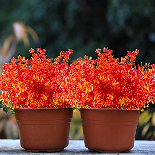 10PCS Artificial Eucalyptus Plants,Fake Boxwood Shrubs UV Resistant No Fade Faux Plastic Greenery for Wedding Bridal Bouquet Indoor Outdoor Home Garden Kitchen Office Table Vase(Fall Red) - color: Gold Red