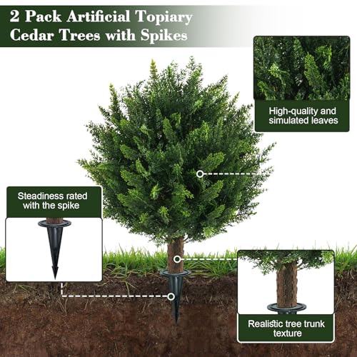 Chillchard 21" Artificial Cypress Topiary Outdoor Plants with Spike, 2 Pack Faux Cedar Bushes UV Resistant Fake Shrubs for Front Porch Décor - color: 21 Inch - 2pack