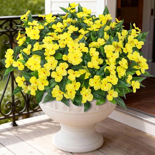 Artificial Flowers for Outdoors Decorations, 6 Bundles Realistic Impatiens Silk Faux Flowers UV Resistant Fake Plants for Outside Pot Patio Garden Porch Planters Window Box Balcony Indoor Home Decor - color: Yellow