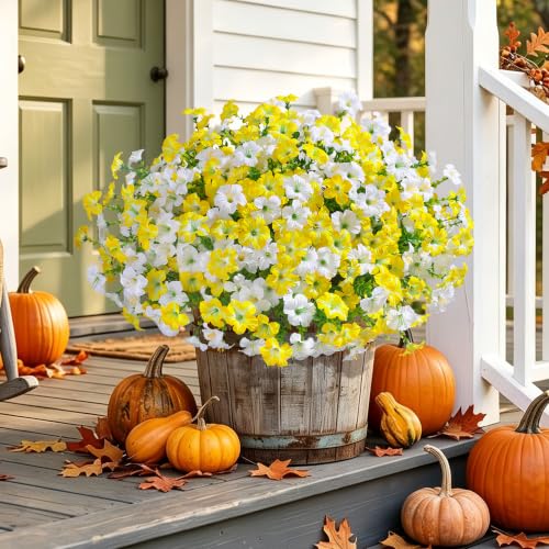 Artificial Flowers for Outdoors Fake Plants Outside Decoration, 20 Bundles Silk Petunia with Eucalyptus UV Resistant Realistic Faux Flowers for Outdoor Planters Garden Balcony Yard Porch Patio, Mix - color: 10 Yellow, 10 White