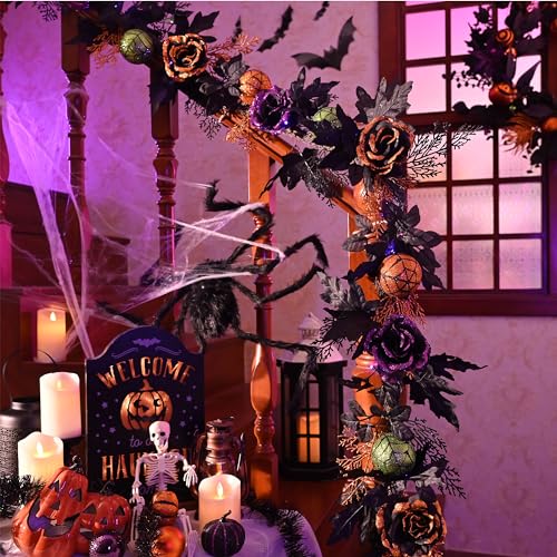 Valery Madelyn Halloween Garland with Lights, 6 Feet Pre-Lit Orange Purple Roses Black Maple Leaves Green Ball Ornaments Garland Decorations for Indoor Table Centerpiece Mantle Party Holiday Decor