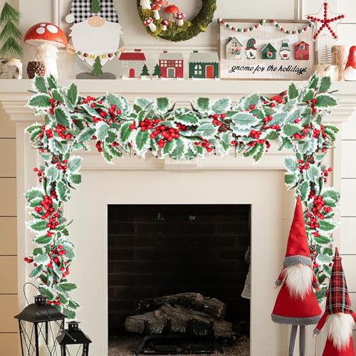 MAKHOT 6Ft Eucalyptus Garland, Green Leaves Wreath Vines Garlands Decorations, Artificial Red Berry Garland for Fireplace Gate Mantle Table Home Party Decor（1PCS）