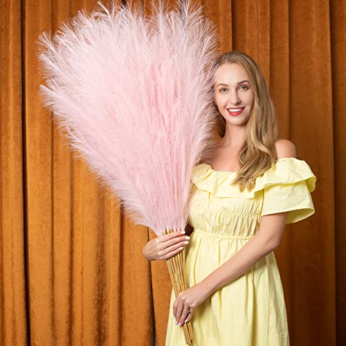 Faux Pampas Grass 6 Stems, Artificial Pampas Grass - 43 inch Total Extra Large Pompass Grass Tall Pompous Boho Flower Arrangement and Floor Vase Filler Home Decor for Room Wedding Party - color: Pink