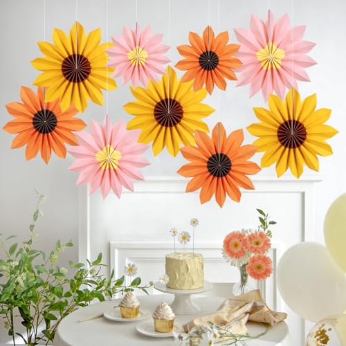 PAPER JAZZ Sunflower Party Decorations: 9 Sunflower Paper Fans & Flower Garlands, Summer Orange Pink Sunflowers, Wedding & Baby Shower Decor - color: Sunflowers
