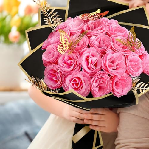 Pink Glitter Roses Bouquet - 24 Pcs DIY Glitter Flowers Bouquets Artificial Everlasting Elegance Shiny for Graduation Gifts Anniversary Birthday Wedding - color: Pink