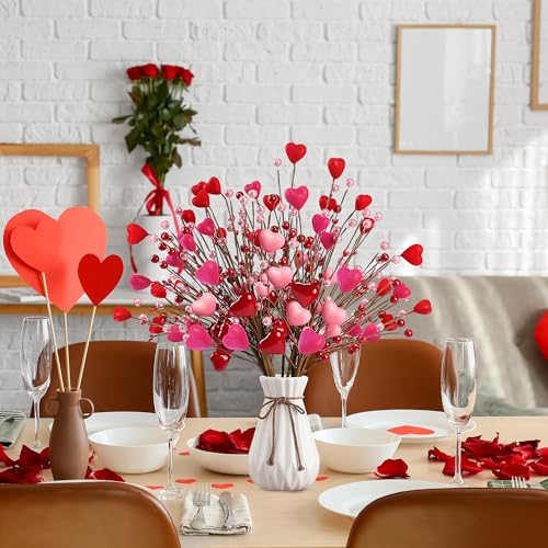 Valentine’s Day Gifts 12 Pcs Heart Shaped Berry Picks Artificial Red Heart Pearl Berry Twig Stem Branches with Red Pink Fluffy for Valentine’s Day Anniversary Flower Bouquets Wedding Home Decor - color: Red and Pink