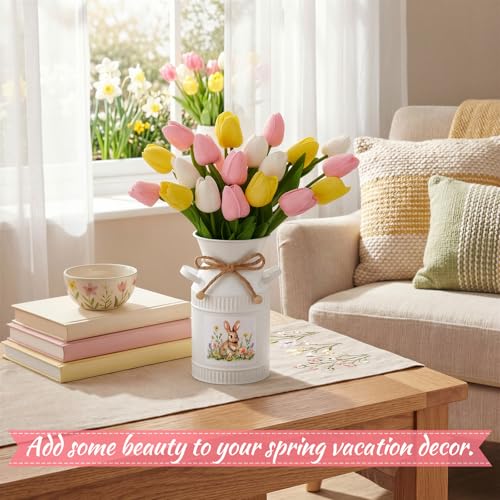 21 Pcs Artificial Tulip Centerpiece Decor with Vase Artificial Flower Bouquet Vintage Bunny Metal Flower Bucket Summer Tulip Floral for Party Spring Home Decor(Multicolor,Funny) - color: Multi Color, style: Funny
