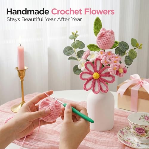 Crochet Flower Bouquet, Pink Handmade Crochet Flowers, Crochet Tulip Flowers with Card Gift for Her Wife Lover Girlfriend Friends Valentines Day Anniversary Birthday Mother's Day Graduation Wedding - color: Tulip