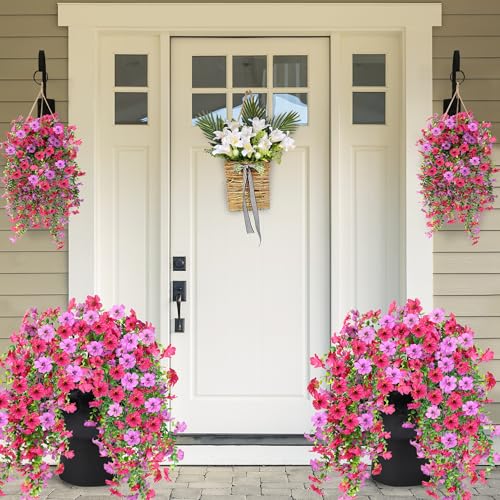 Artificial Fake Hanging Flowers Plants for Outdoor Outside Spring Summer Decoration 2PCS Faux Silk UV Resistant Realistic Mums Daisy with Eucalyptus for Home Porch Patio Balcony(Hot pink & Magenta) - color: Magenta & Hot Pink