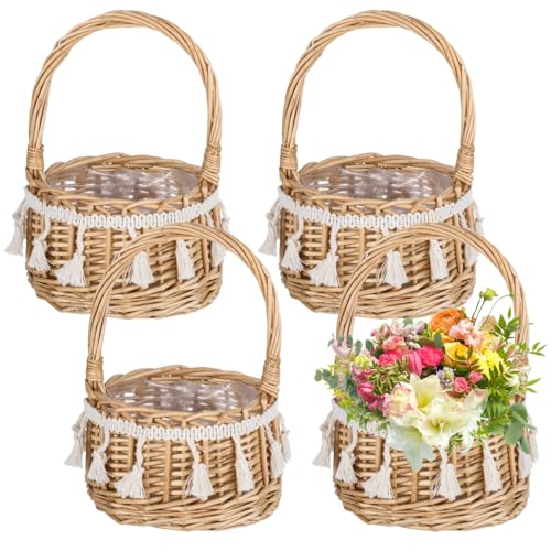 4 Pcs Flower Baskets with Handle, 5.1 x 7.5 Inches Wicker Rattan Lightweight Floral Baskets for Gardening Festival Parties