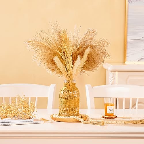 ZENS Rattan Boho Vase, Hand Woven Wicker Cover Glass Flower Vases for Pampas Grass, Artistic Boho Style Country Vase for Fall Flower Decor, Home Table Centerpiece, Farmhouse Decorative