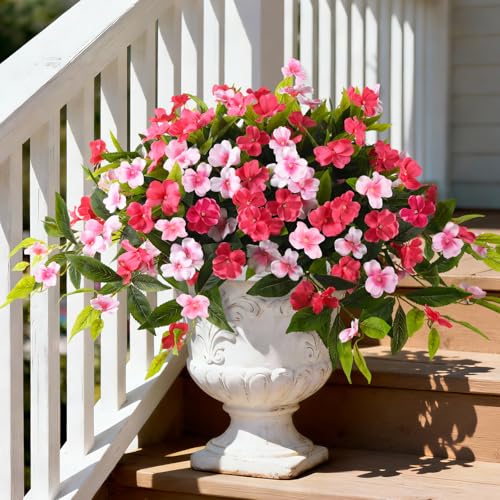 Hommyea Artificial Flowers for Outdoor, 2 Bundles UV Resistant Fake Plants Decoration Realistic Faux Silk Flowers No Fade Plastic Flowers for Outside Planters Home Porch Patio Yard Garden Decor - color: Rose Pink