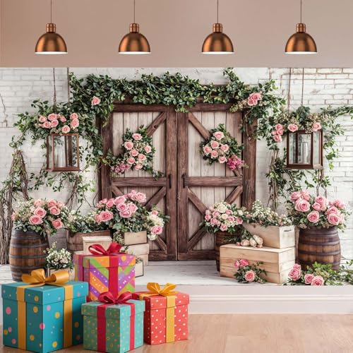 5x4ft Country Wedding Photography Backdrop Floral Rustic Roses Farmhouse Wooden Door Backdrop Pink Flower Birthday Baby Shower Wedding Bridal Party Banner Photo Booth Props Anniversary Background - color: Multi4, size: 5X4FT