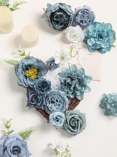 Artificial Flowers Combo Box Set Dusty Blue Silk Floral Arrangements for Wedding Bridal Bouquet, Cake Flowers, Table Centerpieces, Party & Home Decor - color: Dusty Blue White