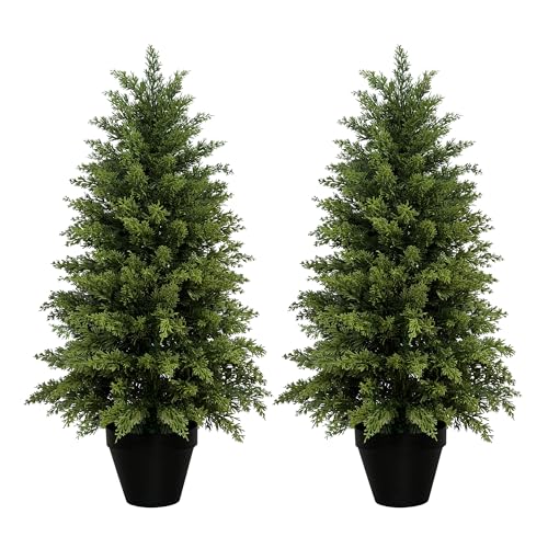 Mavis's Diary 3ft Artificial Cedar Topiary Tree, Set of 2 Realistic Faux Evergreen Shrub Plant in Planter, Indoor Outdoor Fake Cedar Tree for Front Porch, Entryway, Office & Home Decor - color: 2pack, size: 3FT