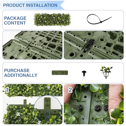 E&K 6 PCS 18"x6" Artificial Plant Panels with Single Side White Flowers Panels Hard Back Faux Leaf Greenery Grass Wall Decoration for Indoor Outdoor - color: Green White, size: 18"x6"