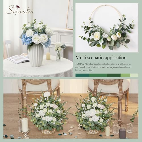 Serwalin 100 Pcs 7 Kinds Mixed Artificial Eucalyptus Leaves Stems Bulk with Flowers Faux Silver Dollar Eucalyptus Stmes Greenery Branches for Wedding Floral Arrangement Centerpieces Home Decor - color: Green-100pcs