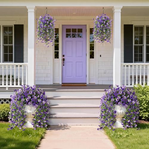 Artificial Hanging Flowers for Outdoors, 2 Pcs Fake Hanging Flowers Spring Summer Decor, UV Resistant Faux Artificial Outdoor Plants for Planter Front Door Porch Patio Garden Yard(Gradient Purple) - color: Gradient Double Purple