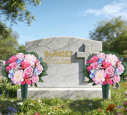 Cemetery Flowers with Vases for Grave Decor, Silk Lily Rose Cymbidium Hibiscus Daisy-Headstone Flower,Tombstone Flower - Bright and Colorfast,Pink/Blue,2 Lovely Butterflies Included