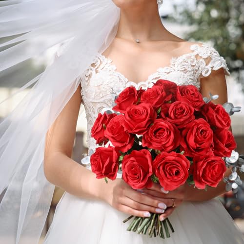 Nubry 24pcs Artificial Red Roses, Fake Silk Roses Flower with Long Stems, Realistic Flowers for Bridal Wedding Party Table Centerpiece Home Decor - color: Red