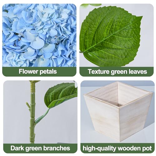 Artificial Hydrangea Flowers Arrangement in Wood Planter, 4PCS Fake Blue Flowers in Wooden Vase Potted Floral Centerpieces for Tables Living Room Home Office Room Shelf Kitchen Decor - color: Light Blue Hydrangea