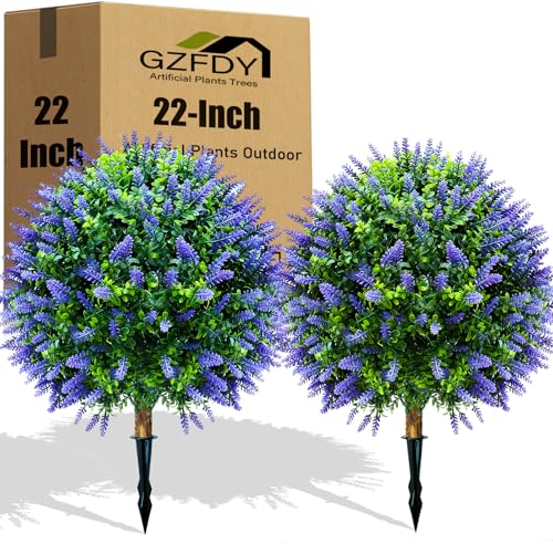Artificial Lavender Topiary Ball Trees (2-Pack) - 30" UV Resistant Fake Plants with Ground Spike for Indoor & Outdoor Use, Front Porch, Garden Decor - color: 2pcs-ground Cutting-lavende