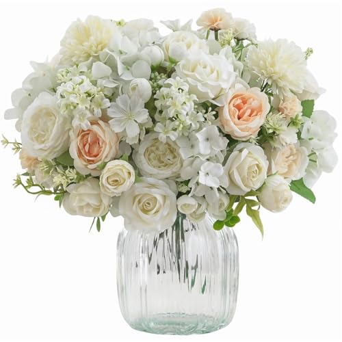 8 Pcs Mixed Artificial Peony Flowers Set-4 Bouquets & 4 Stems, White Fake Peony Rose Hydrangea Flower for Vase Silk Floral Arrangements for Table Centerpiece Wedding Party Bridal Decoration Home Decor - color: White, size: Mixed 8pcs